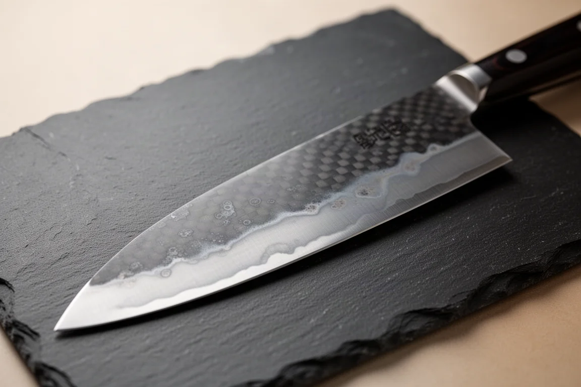 Lama di gyuto che mostra una patina lenta e a basso contrasto dopo diversi giorni di utilizzo