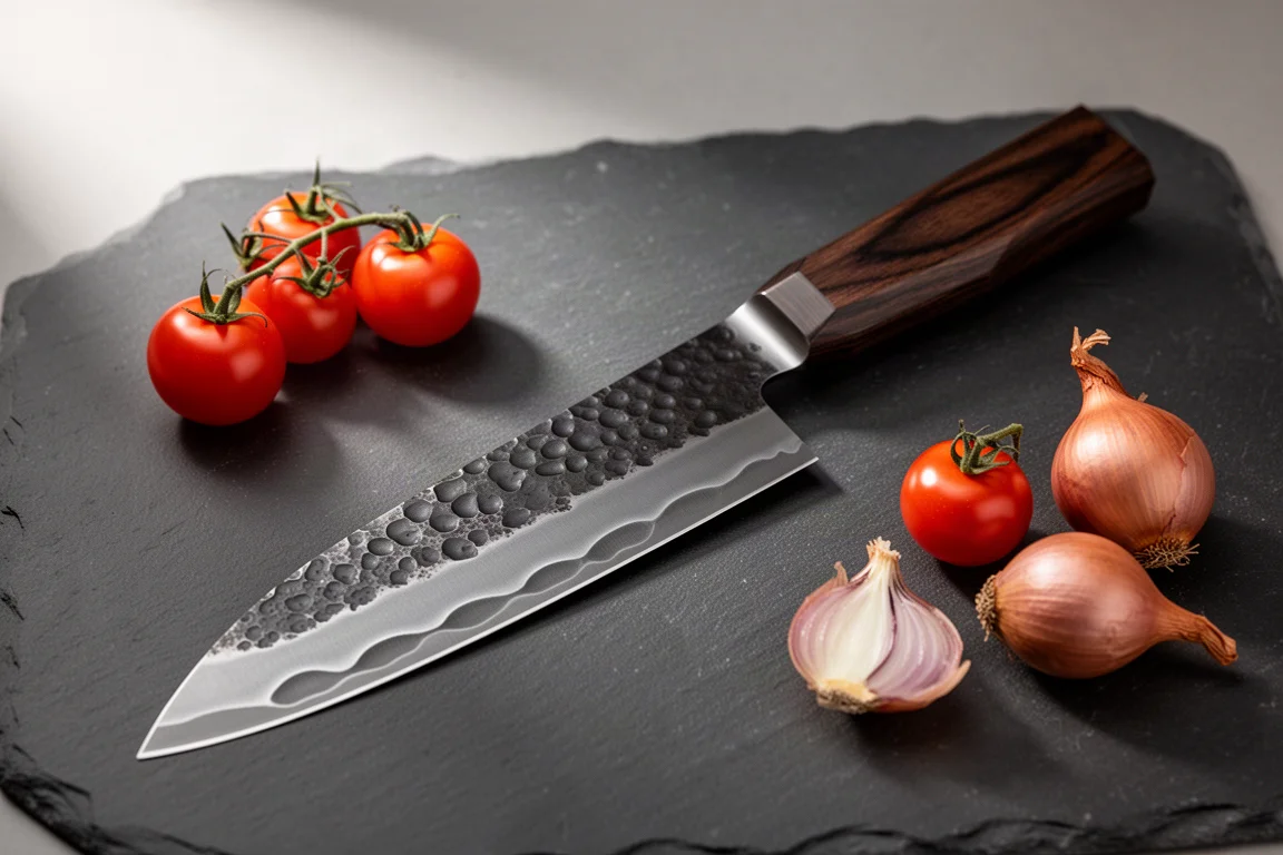Handcrafted gyuto knife with dark forge-scaled blade and octagonal handle on slate surface