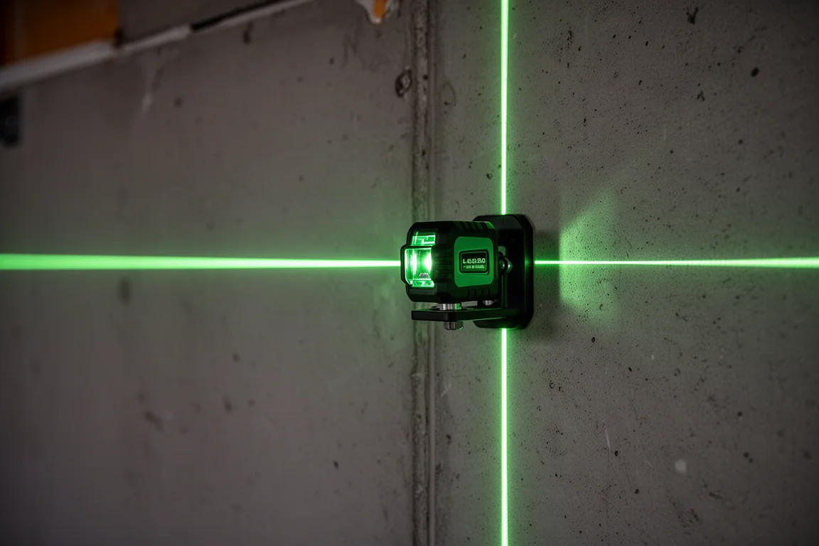 Livello laser a tre piani che proietta linee a croce verdi su una parete del garage