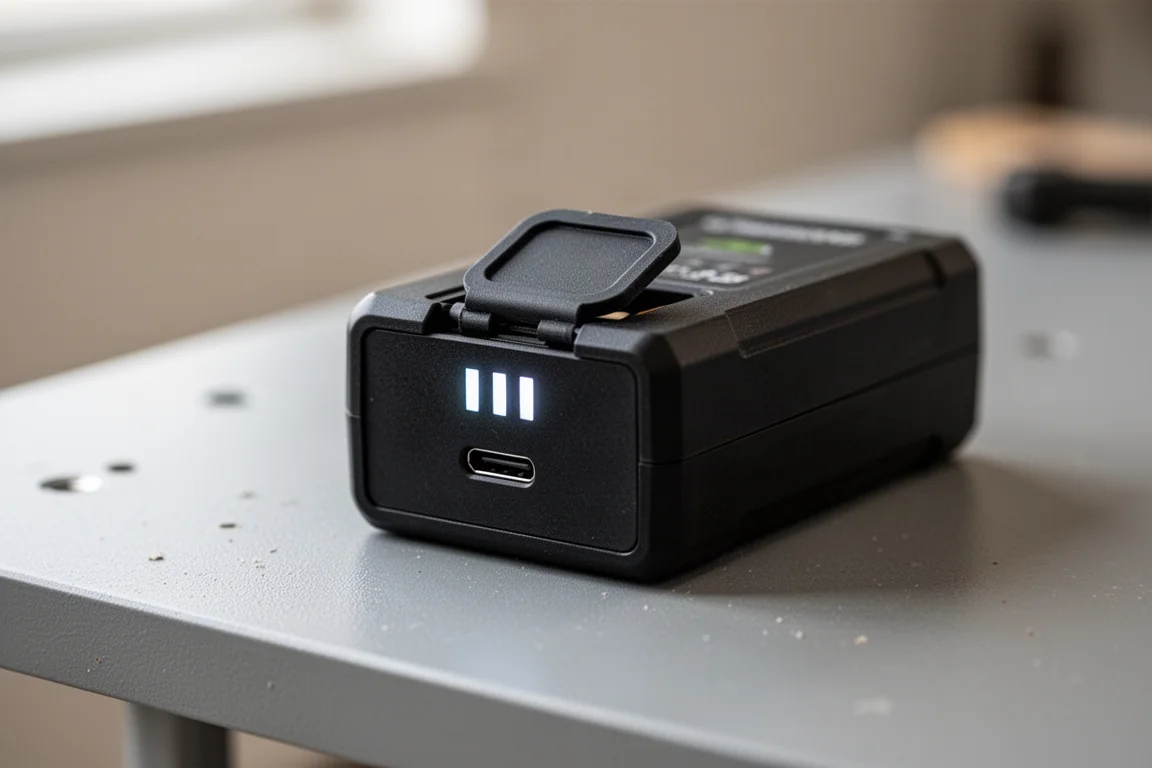 Livello laser in una valigia rigida protettiva aperta con gli accessori disposti accanto