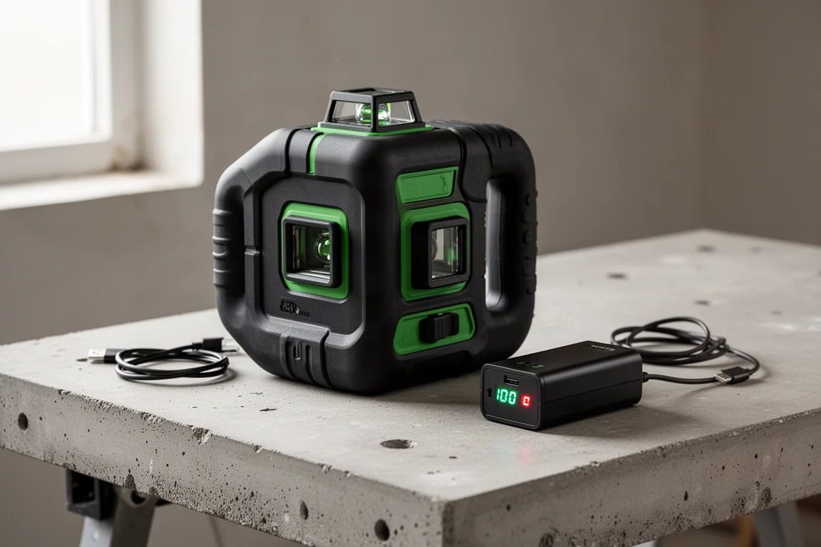 Huepar 703CG three-plane laser level with battery pack and USB-C cable on workbench