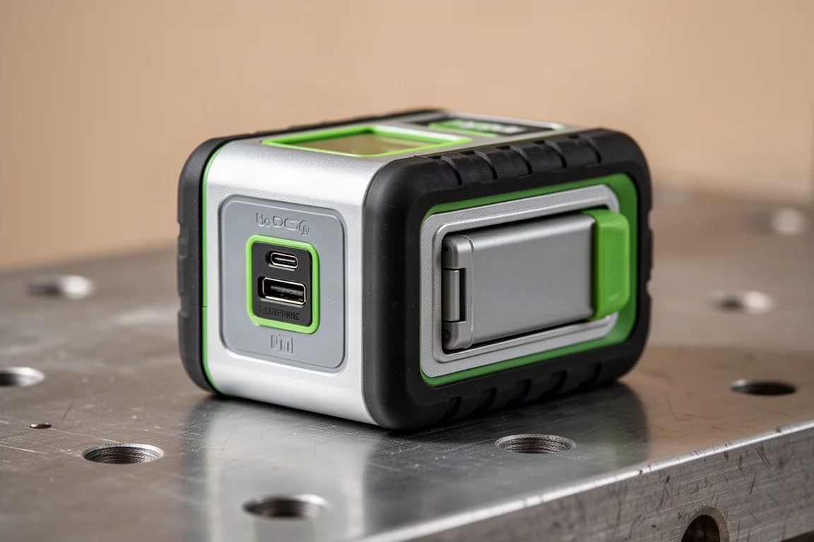 Nahaufnahme des USB-C-Ladeanschlusses und der aufsteckbaren Batterie des Kreuzlinienlasers