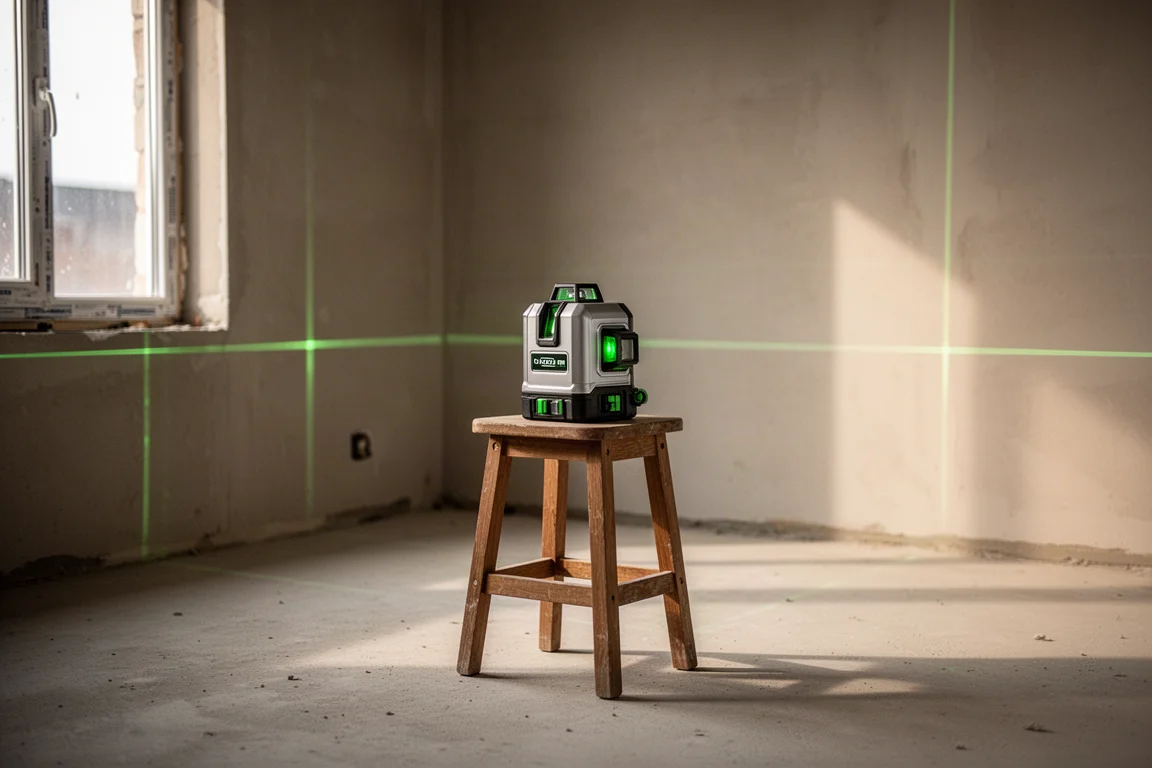 Kreuzlinienlaser auf einem kleinen Hocker in einem leeren Zimmer, projiziert Linien