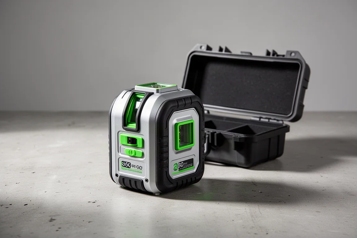 Huepar ZK03CG laser level beside its open hard case on a concrete surface