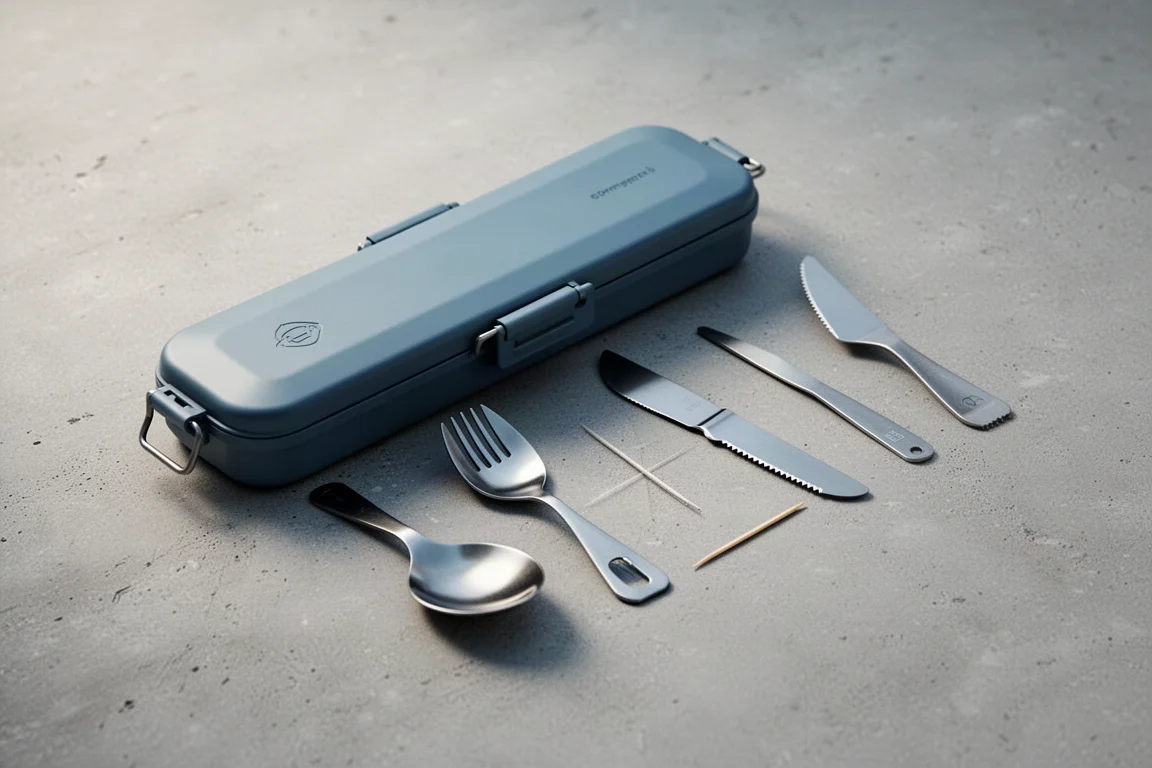 Compact camping cutlery kit with hard-shell case, spoon, spork, knife, and toothpick