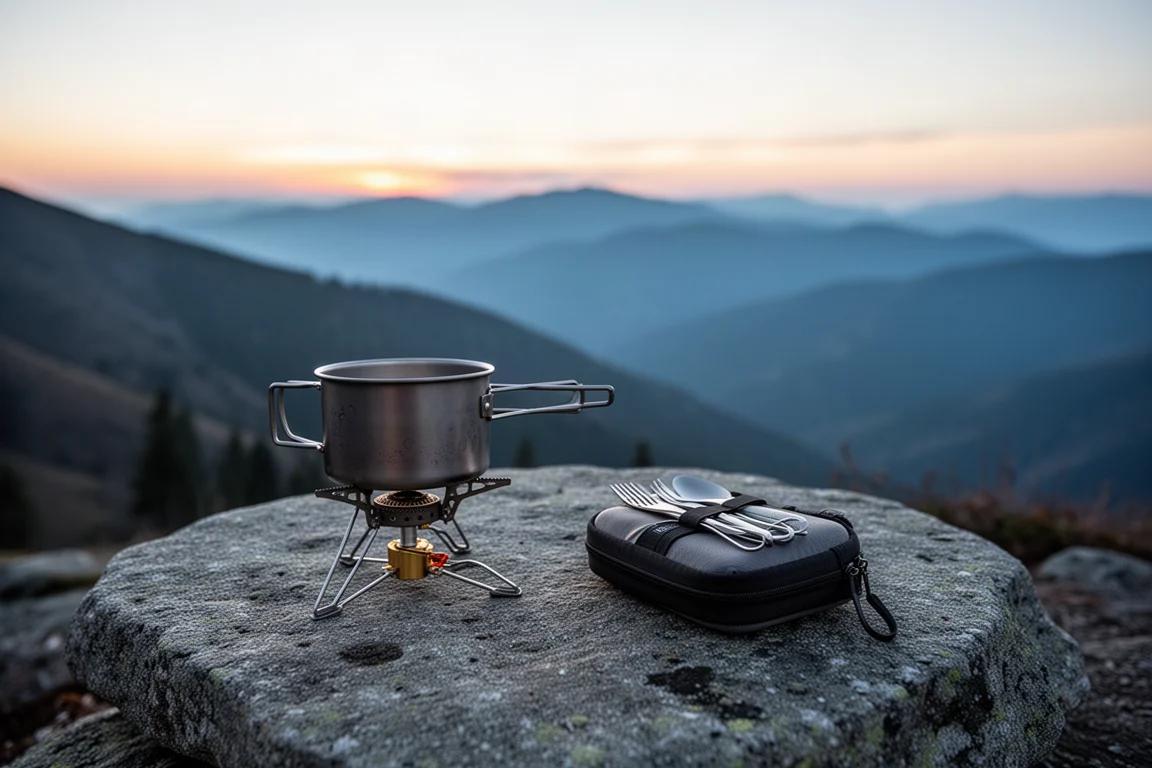Ultralight camp kitchen setup on a flat rock at dusk with a small pot and mountains behind