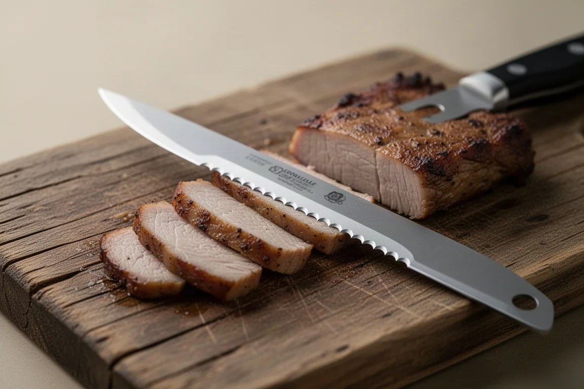Close-up of a serrated camping knife blade resting beside sliced cooked food on a wooden board