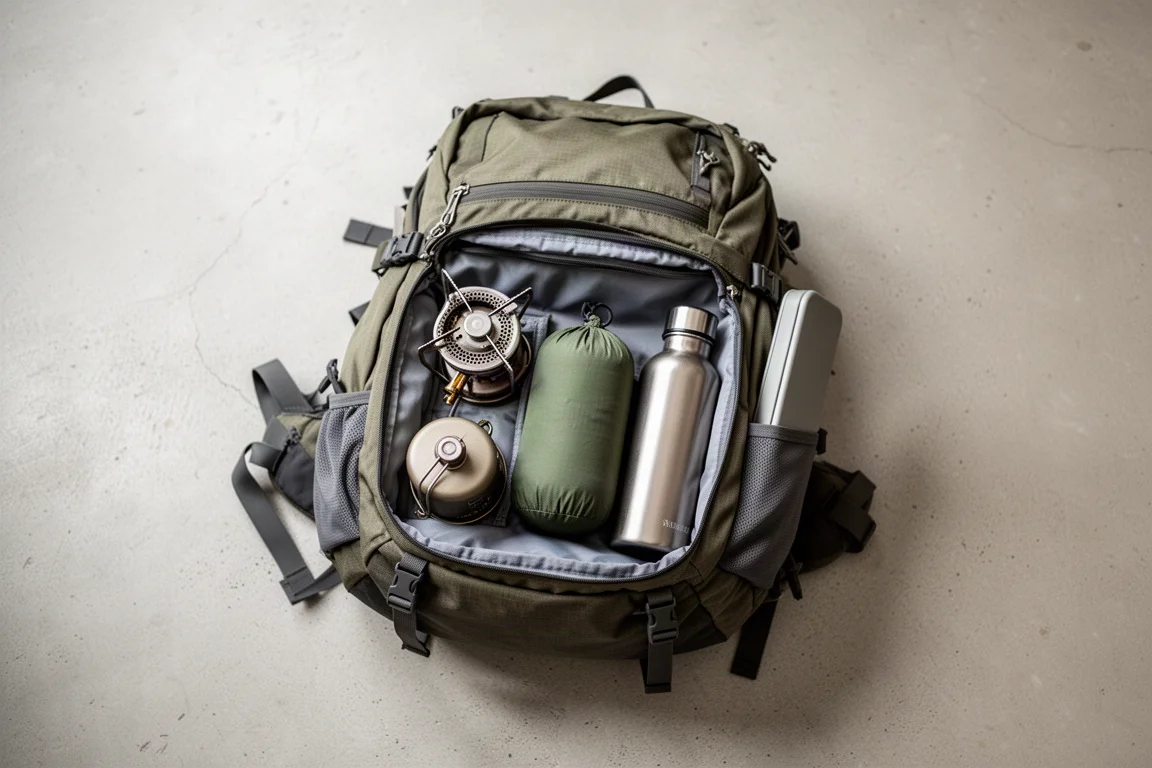 Overhead view of a hiking backpack being packed with small camp items in compartments