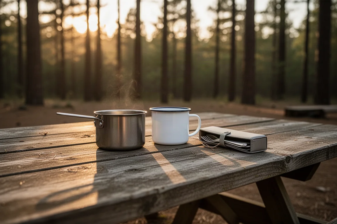 Picnic table camp kitchen at golden hour with a small pot and packed utensils