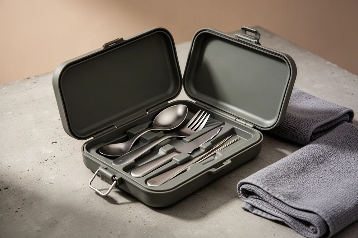 Open charcoal cutlery case holding a spoon, spork, knife and toothpick on concrete