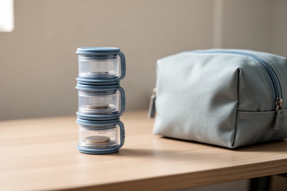 Three small twist-together travel containers stacked in a single column on a desk