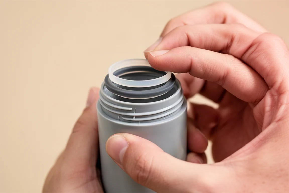 Close-up of hands twisting the lid onto a small travel container