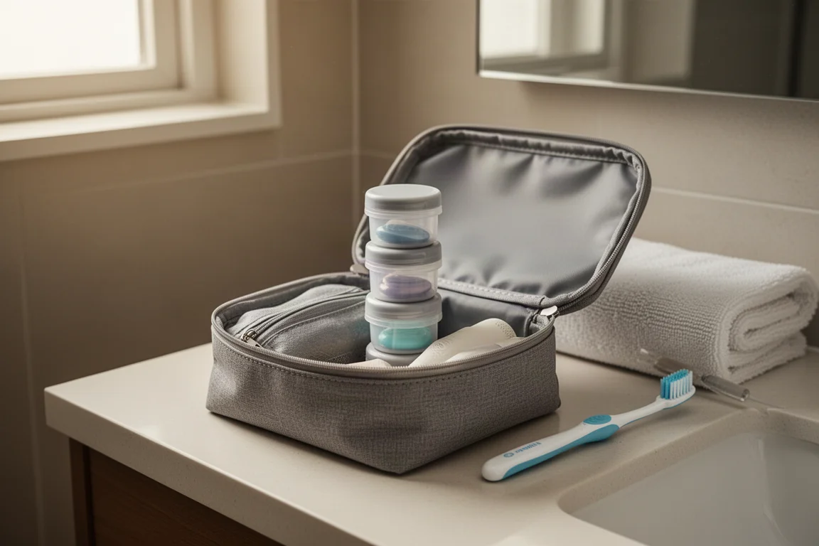 Compact travel containers placed alongside a toiletry kit on a bathroom counter