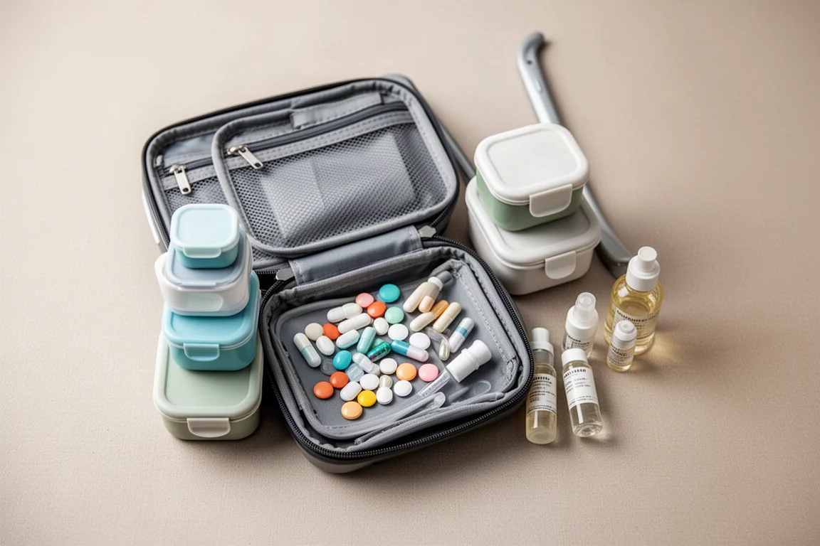 Toiletry kit packed with small containers on a luggage rack