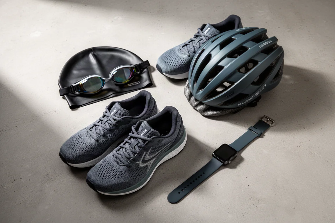 Triathlon training essentials arranged on a concrete surface with a smartwatch