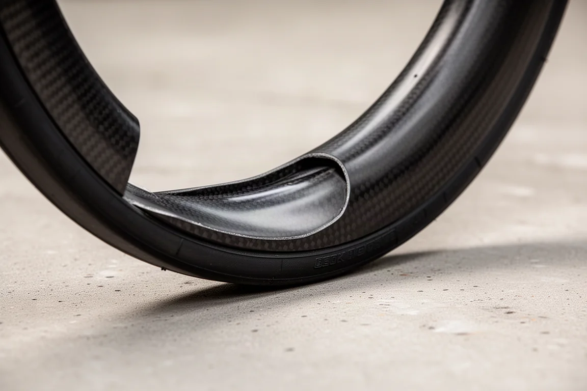Close-up van een breed carbon velgprofiel met gemonteerde racefietsband