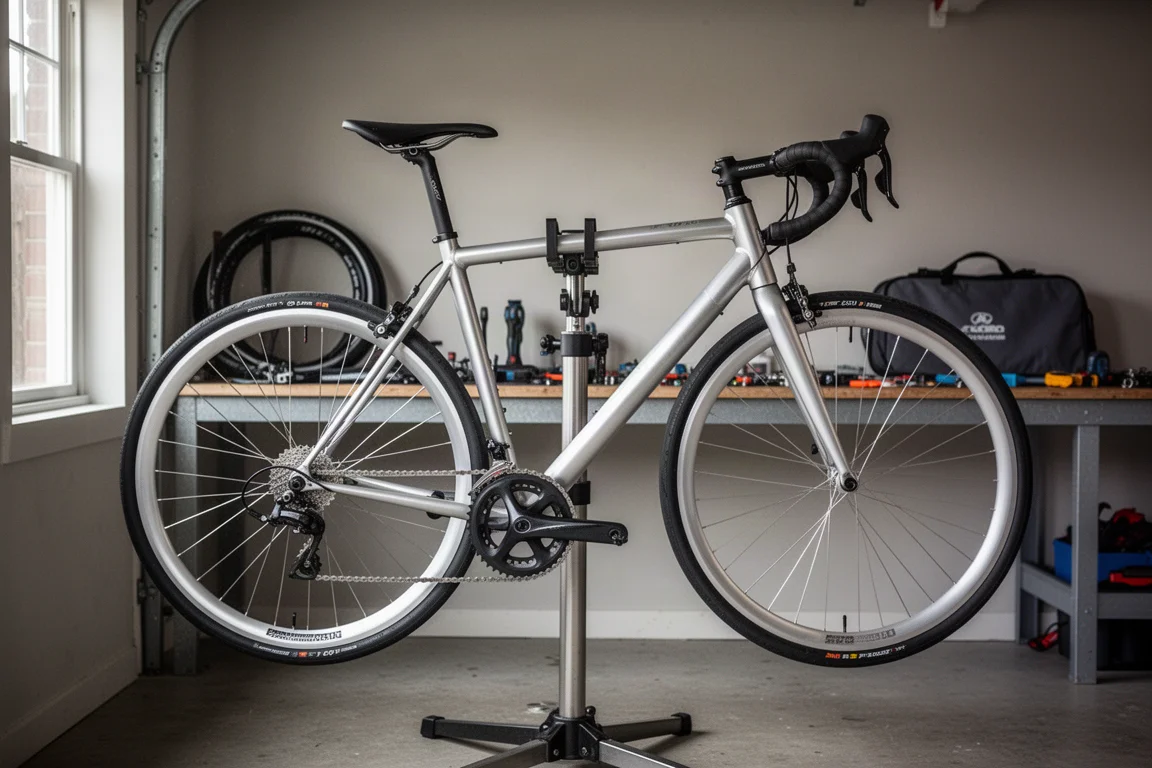 Rennrad auf einem Montageständer mit flachen silbernen Aluminium-Laufrädern