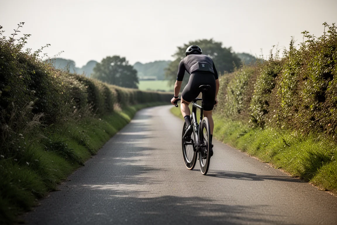 Radfahrer auf einem ruhigen Landsträßchen auf einem Aluminium-Rennrad
