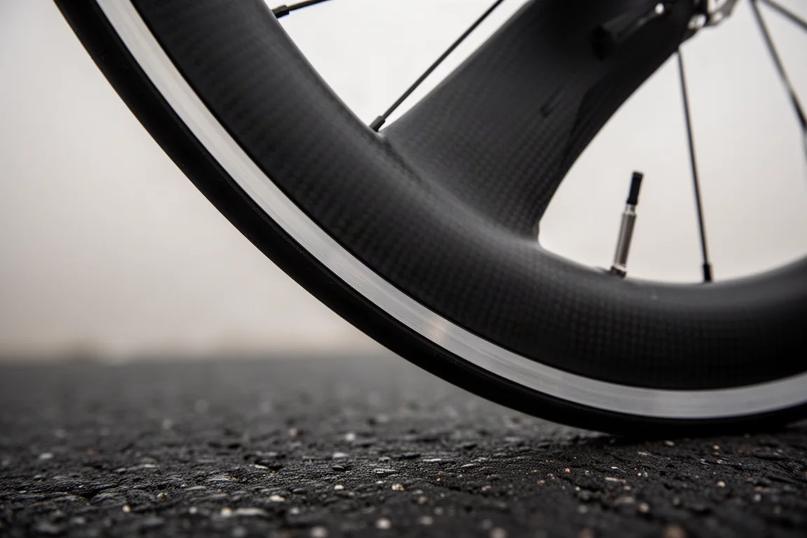 Nahaufnahme einer tiefen Carbon-Felge und Bremsfläche über dunklem Asphalt