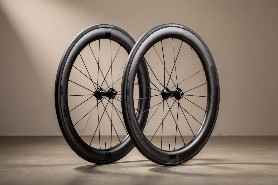 Diep carbon wegwielset rechtop op een betonnen vloer