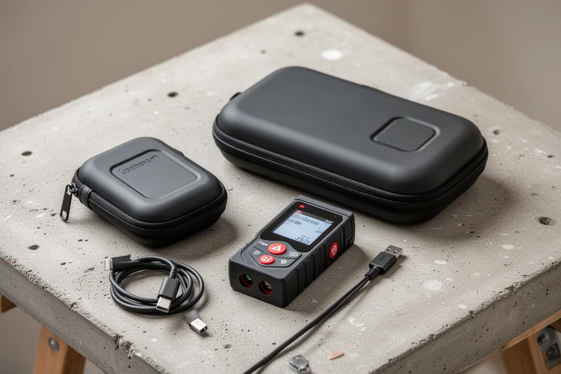 Laser-Entfernungsmesser auf einer Werkbank neben der halbsteifen Tasche und dem USB-C-Kabel