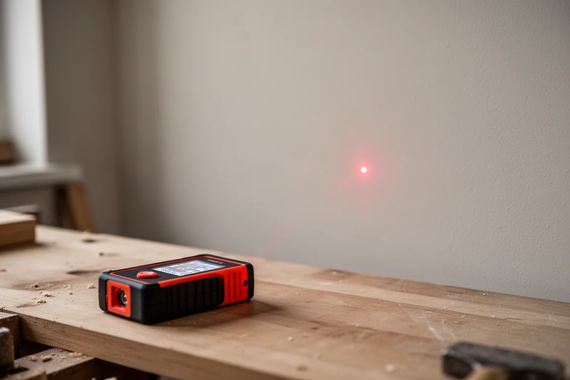 Laser-Entfernungsmesser projiziert einen roten Laserpunkt auf eine Innenwand