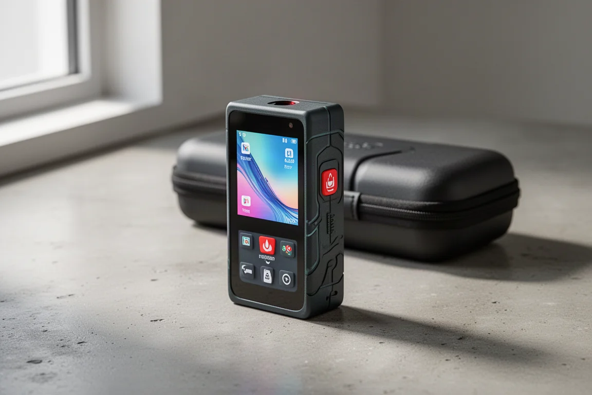 Hupar S100GQ laser measure with large color display on a concrete surface