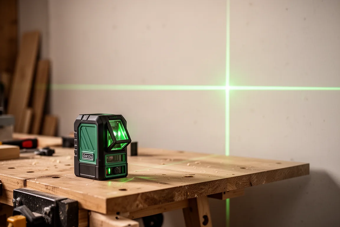 Laserlevel auf einer Werkbank, der ein grünes Kreuzlinienmuster an eine Wand projiziert