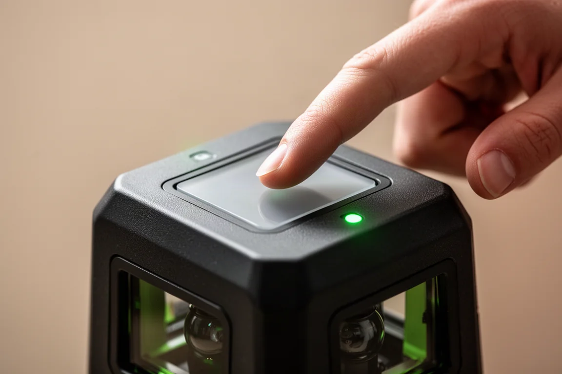 Fingerspitze berührt einen touchsensitiven Steuerungsknopf an einem Laserlevel