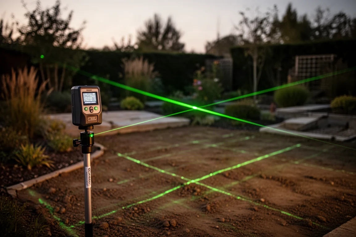 Laserdetektor an einer grünen Laserlinie im Freien in der Abenddämmerung