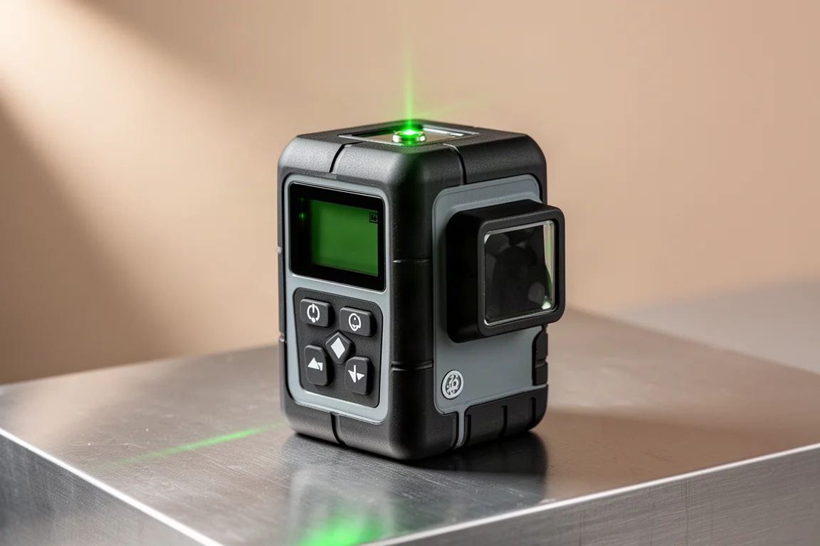 Compact black 3-axis laser level with LCD display on a brushed metal surface