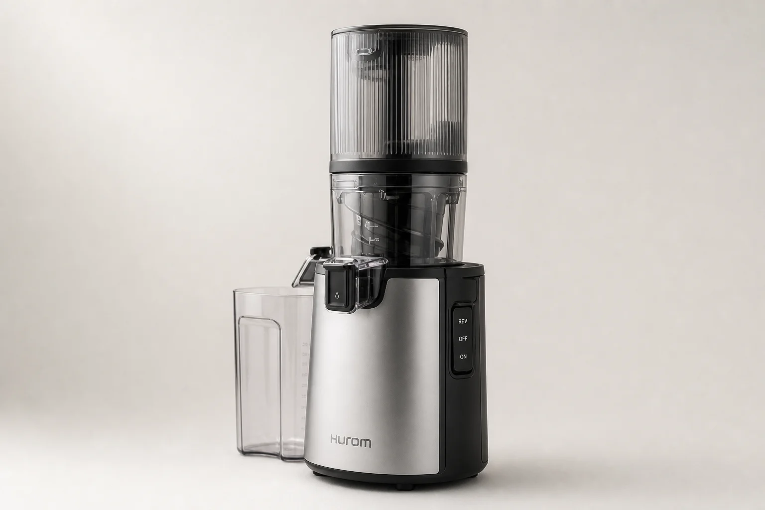 Four cold press juicers lined up on concrete: Hurom H70, H400, Nama J2, and Kuvings AUTO10