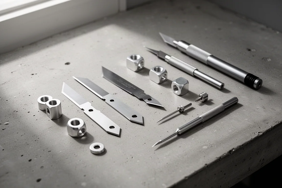 Lames de couteau de loisir et petites pièces disposées sur un plan de travail d'atelier