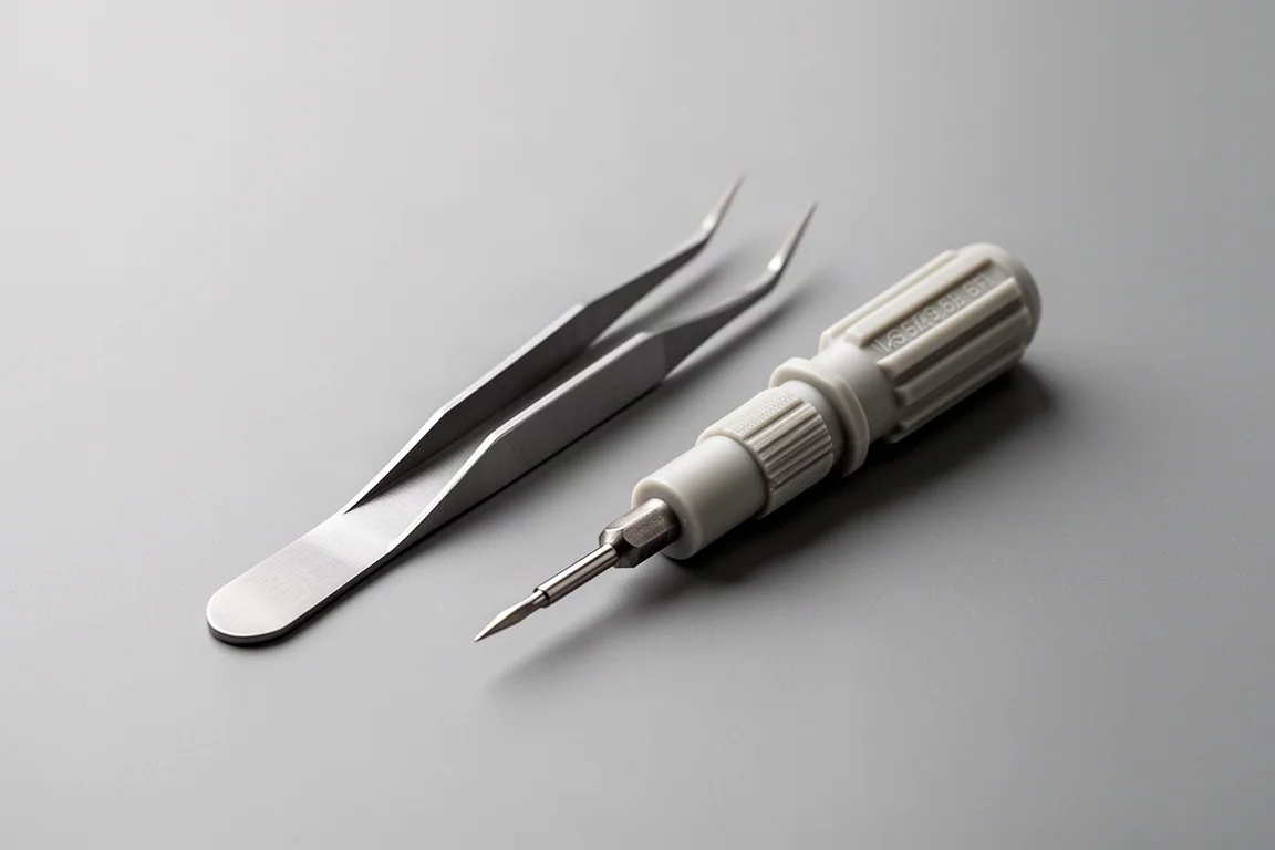 Pince à épiler et tournevis à embouts compact posés sur une surface neutre