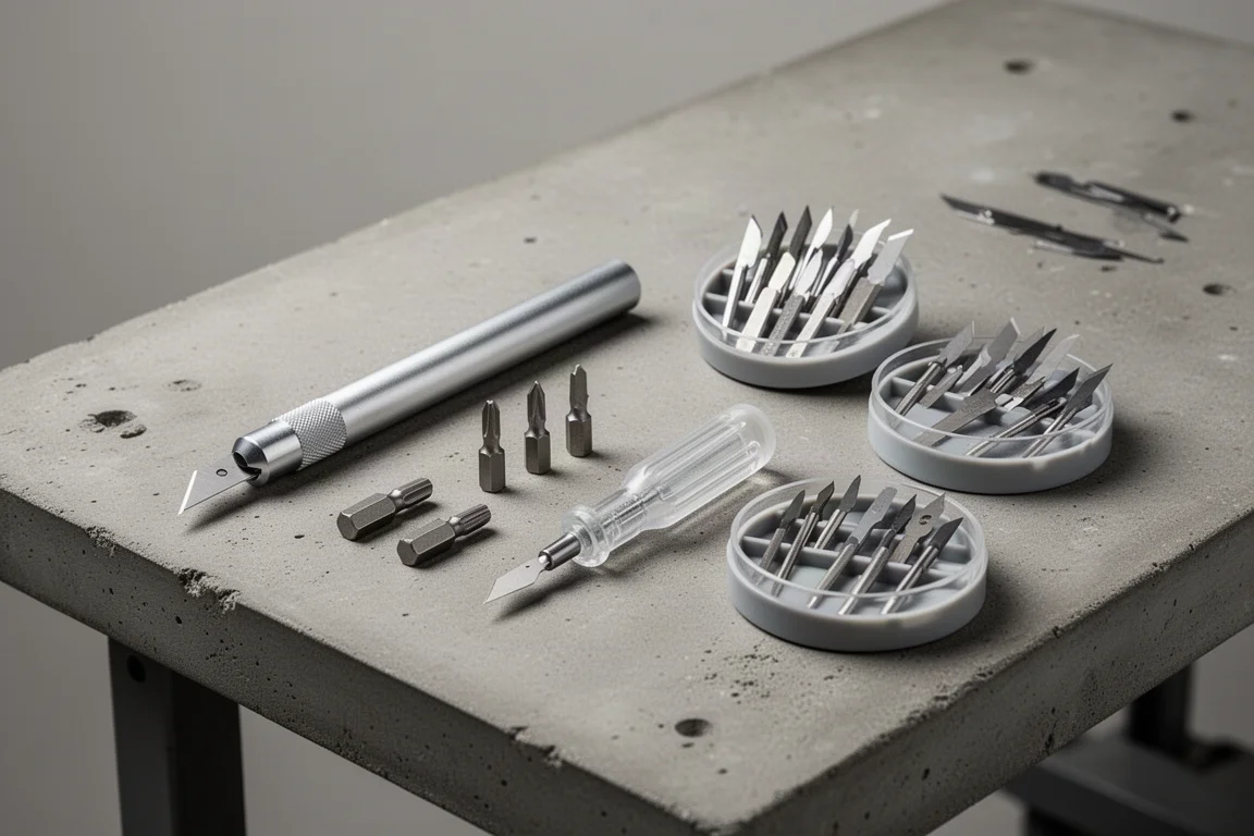 36-piece hobby knife set with handle, blade holders, and blade carousels on a workbench