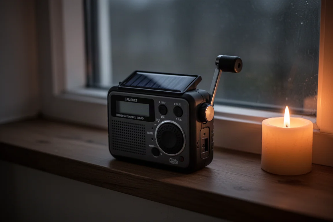 Radio d'emergenza a manovella su un davanzale accanto a una candela accesa durante un blackout
