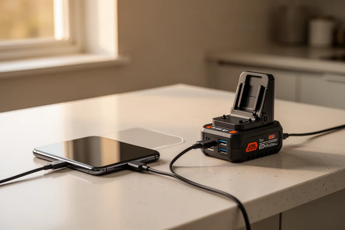 Smartphone in ricarica tramite un adattatore da batteria su un piano di cucina