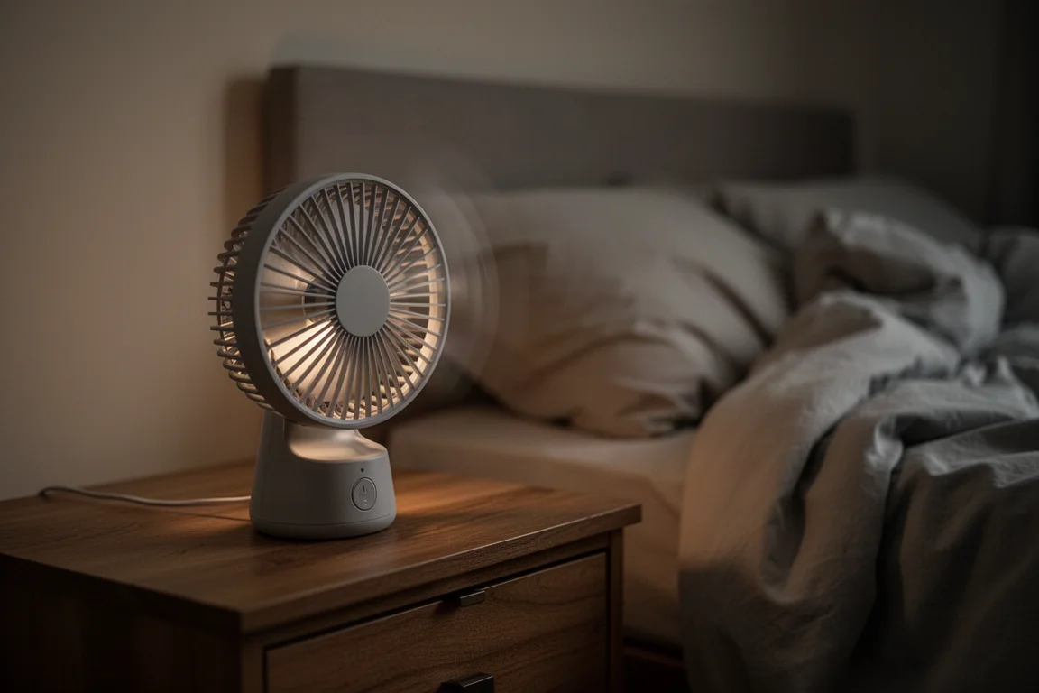 Ventilatore a batteria su un comodino che rinfresca una camera buia durante un blackout