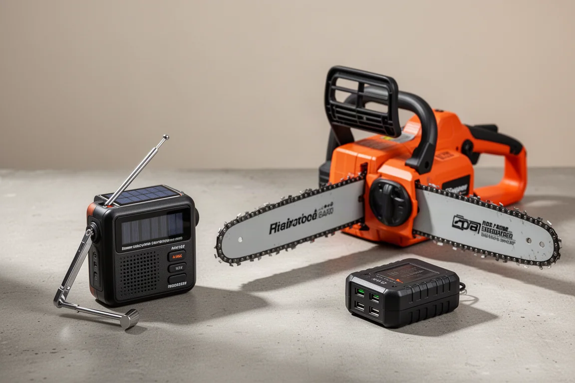 Emergency radio, compact chainsaw, and battery adapter arranged on a concrete surface