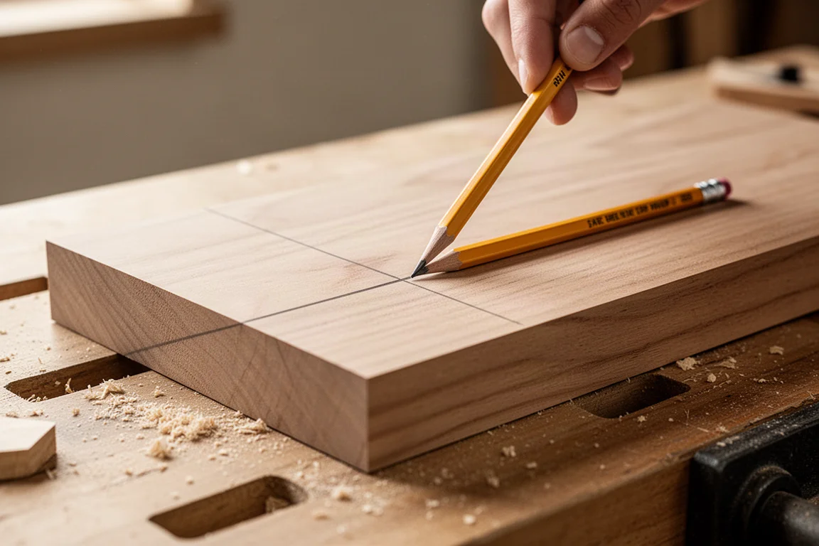 Carpenter's pencil drawing a straight layout line across a wide board