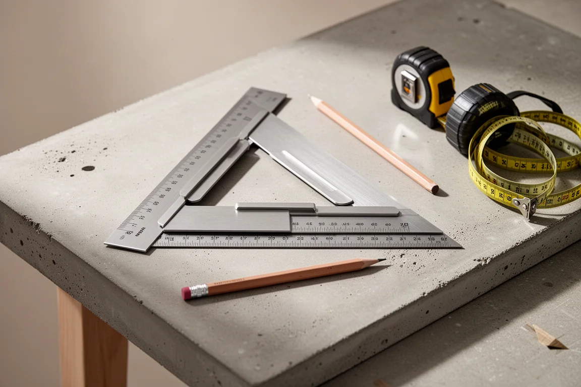 Triangular speed square with folding gate plate extended flat on a workbench