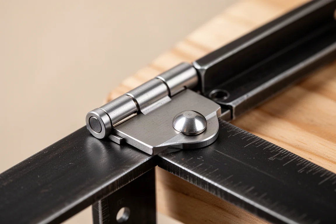 Close-up of a pinned steel hinge on a folding speed square extension