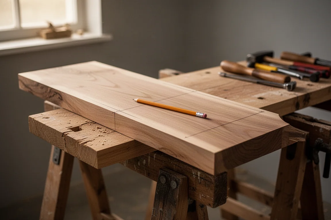 Wide wooden board being marked for a crosscut on a sawhorse workbench