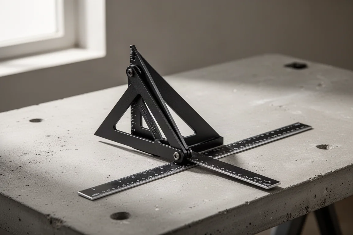 Husky 2-in-1 Extendable Speed Square with folding extension plate open on a workbench