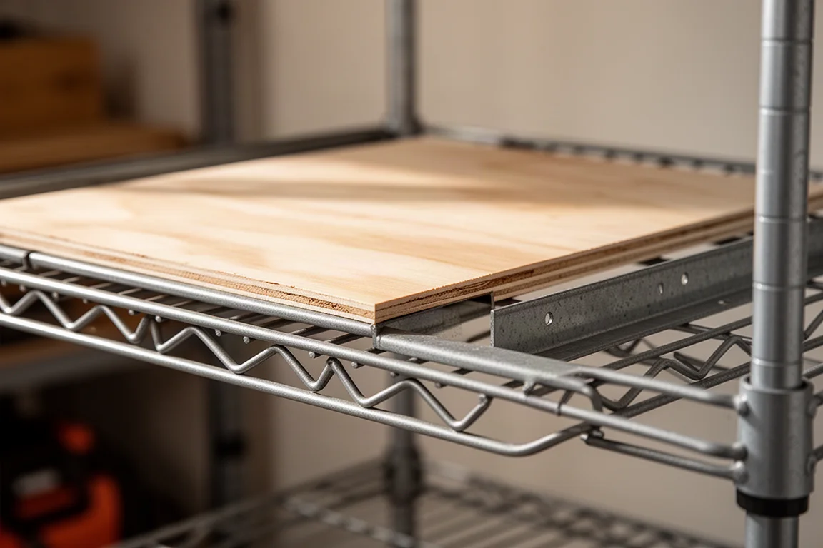 En 13 mm plywoodskiva vilar i skåran på en trådhyllas skena