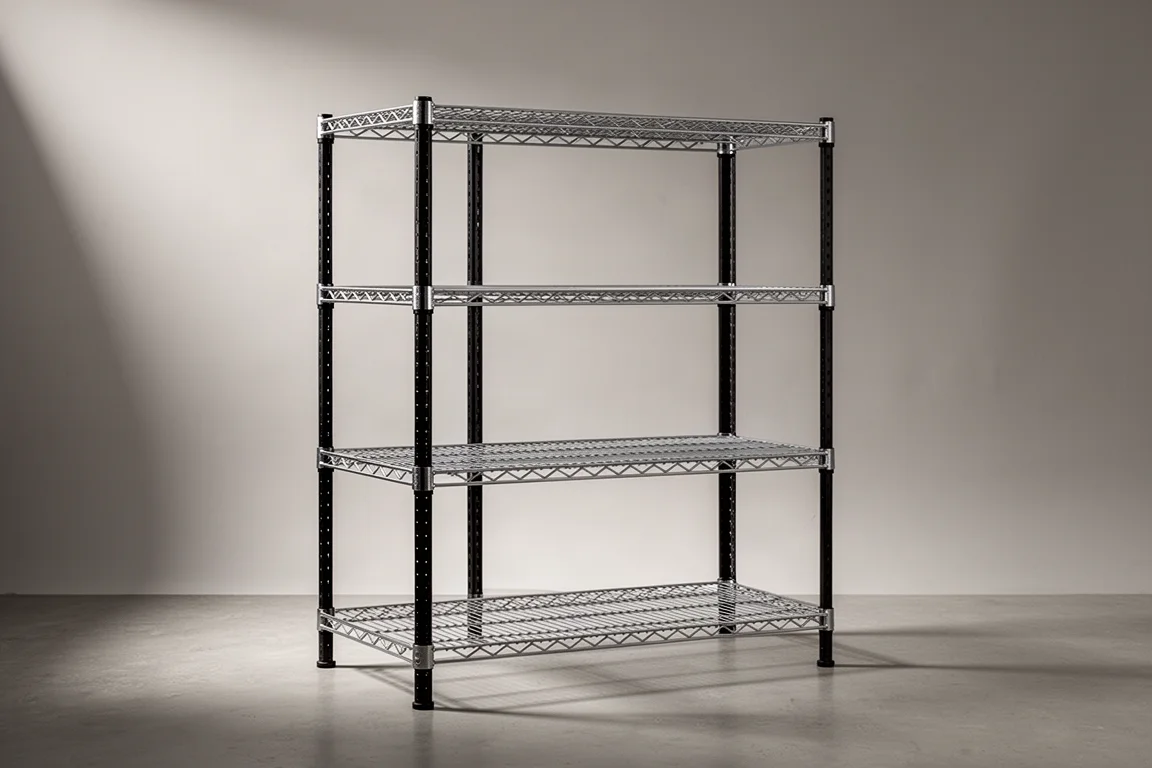 Tall industrial steel shelving unit with four wire shelves on grey backdrop