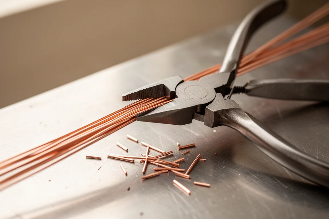 Pince combinée coupant proprement un fil souple sur un établi d'atelier