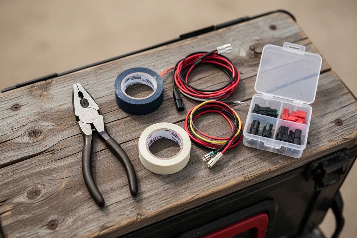 Pince et fil automobile rangés dans un kit d'outils compact pour l'overlanding