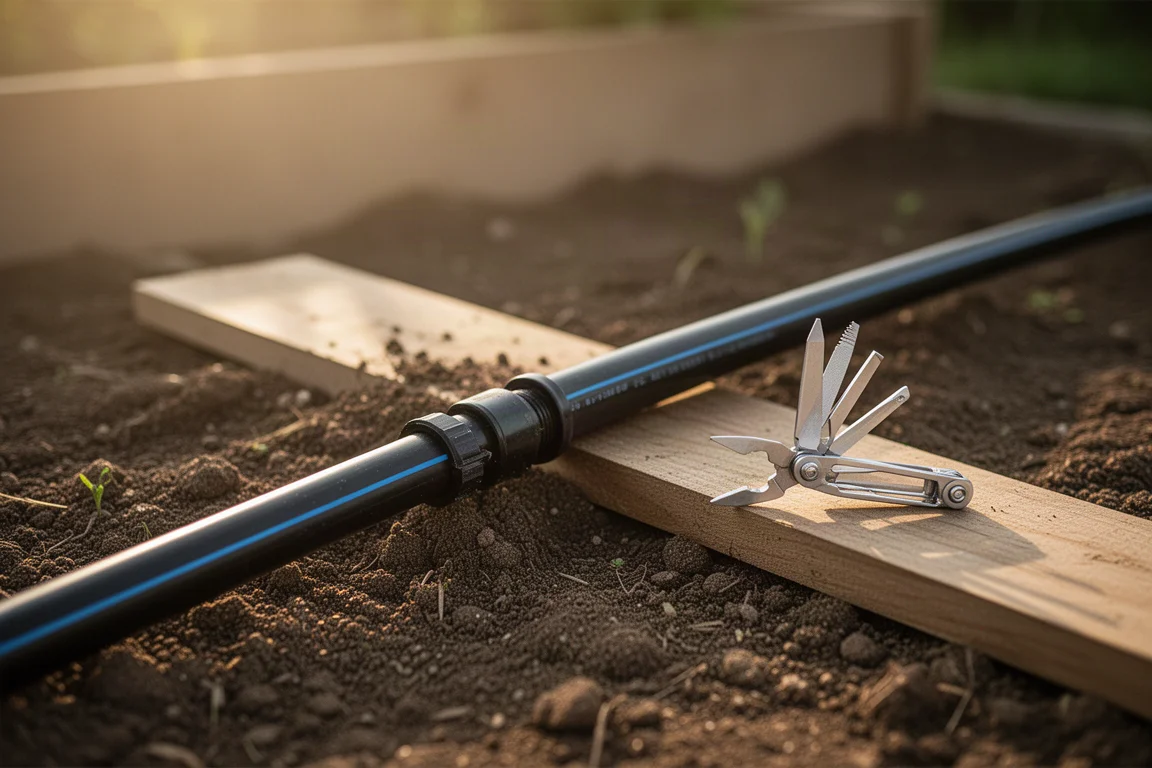 Bewässerungsrohrarbeiten in einem Gartenbeet, Werkzeuge in der Nähe abgelegt