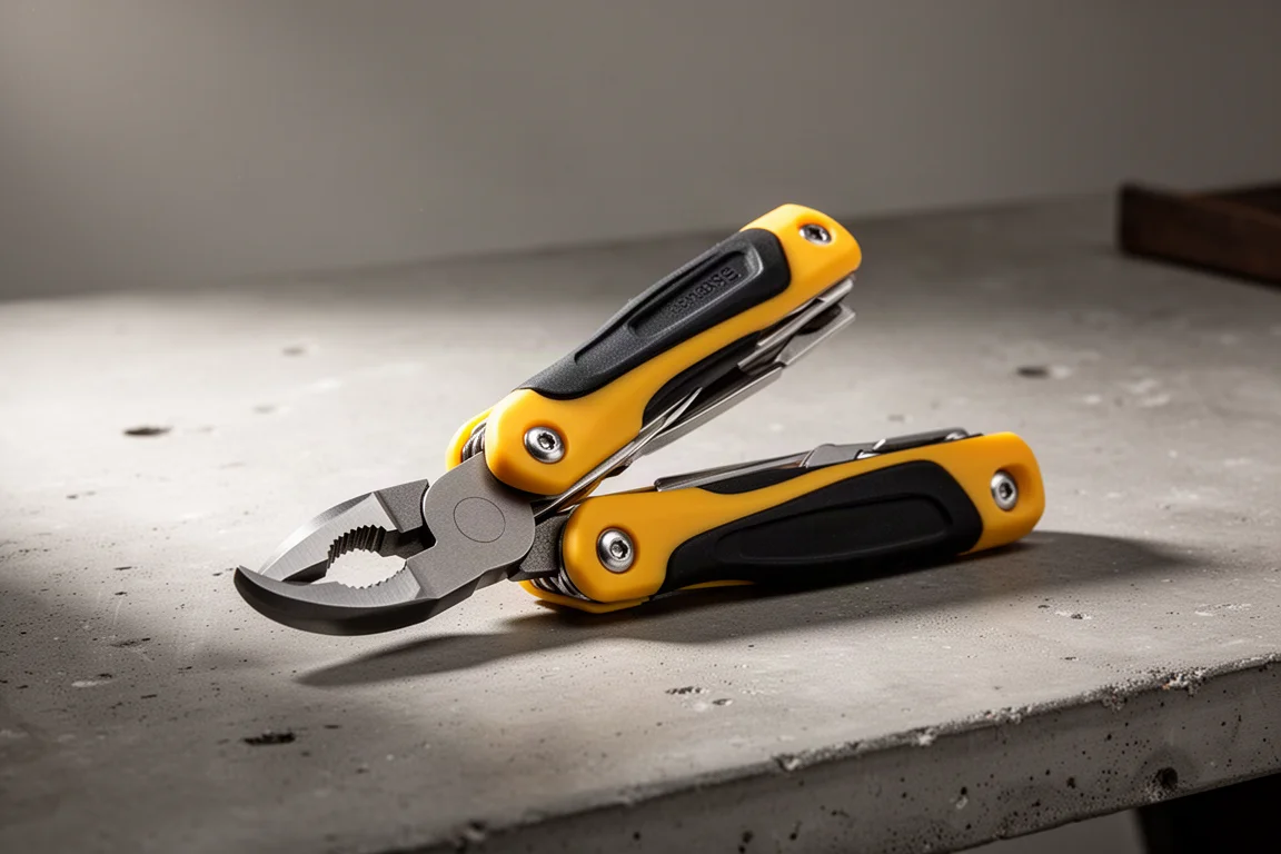 Husky 9-in-1 Plumbers Multi-Tool half open on a concrete workbench